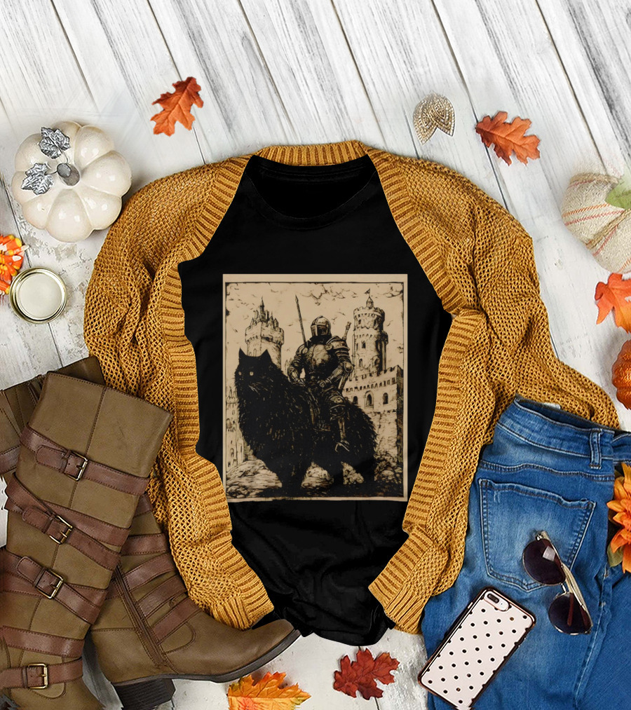 Knight Riding Giant Cat in Medieval Fantasy Castle Scene T-Shirt