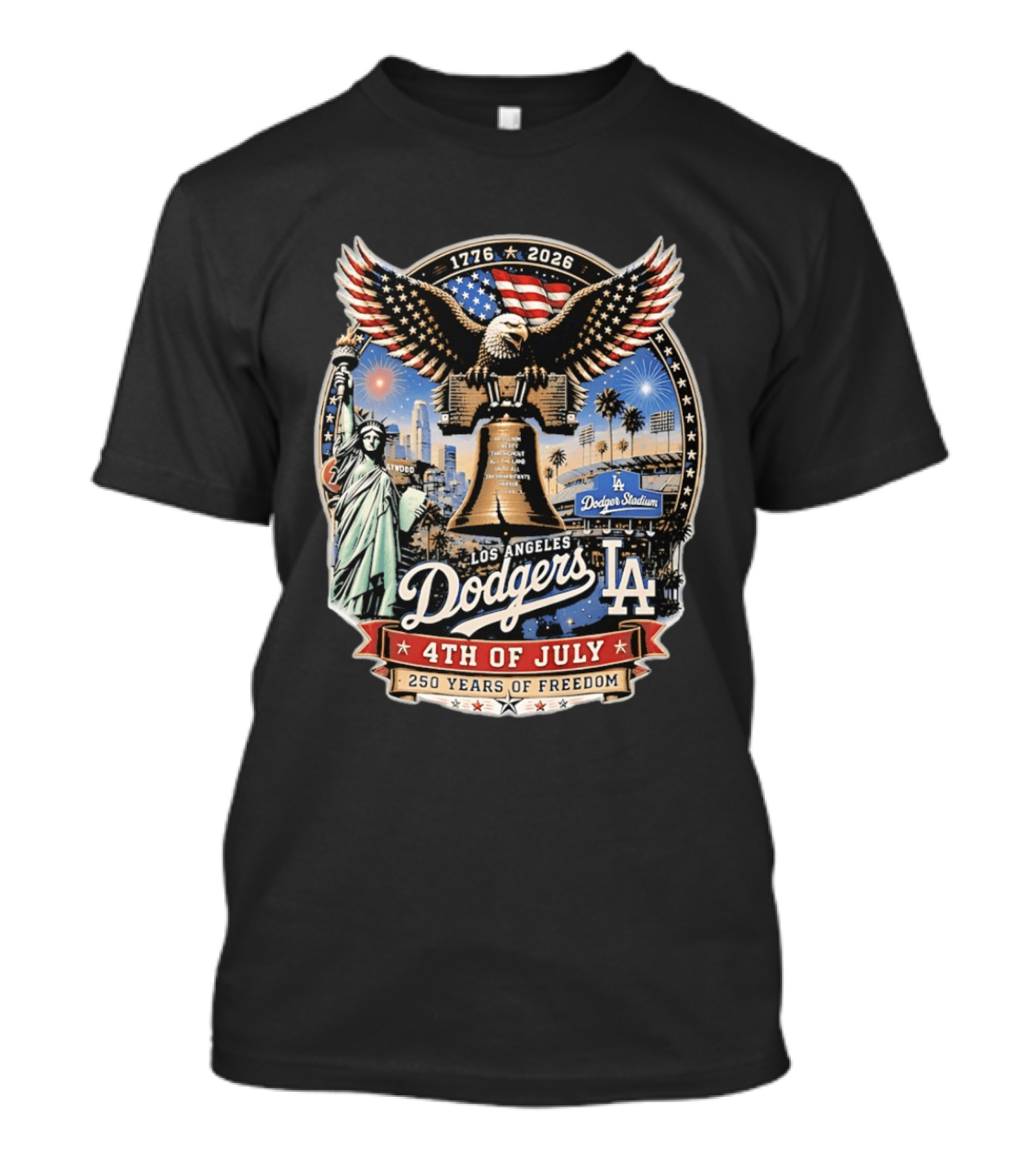 Los Angeles Dodgers 4th Of July 1776 2026 250 Years Of Freedom With Liberty Bell And Dodger Stadium T-Shirt