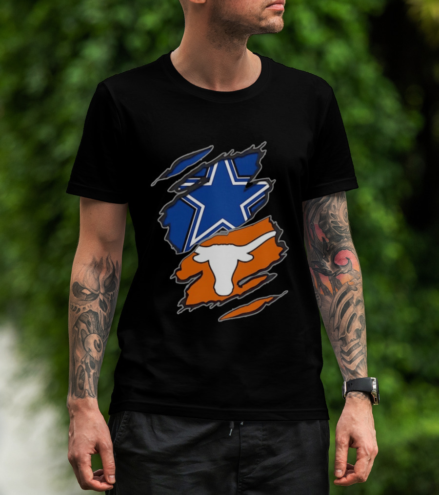 Dallas Cowboys Texas Longhorns Two Teams One Heart Scratch Torn Star Helmet T-Shirt