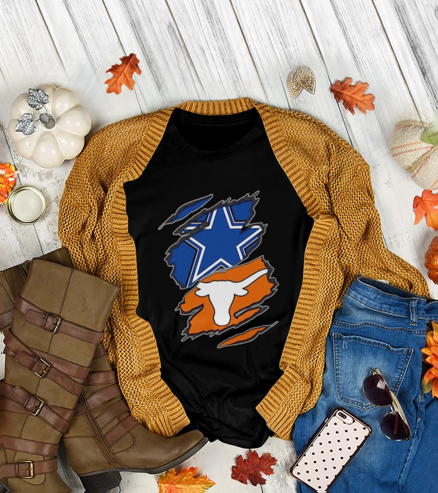 Dallas Cowboys Texas Longhorns Two Teams One Heart Scratch Torn Star Helmet T-Shirt
