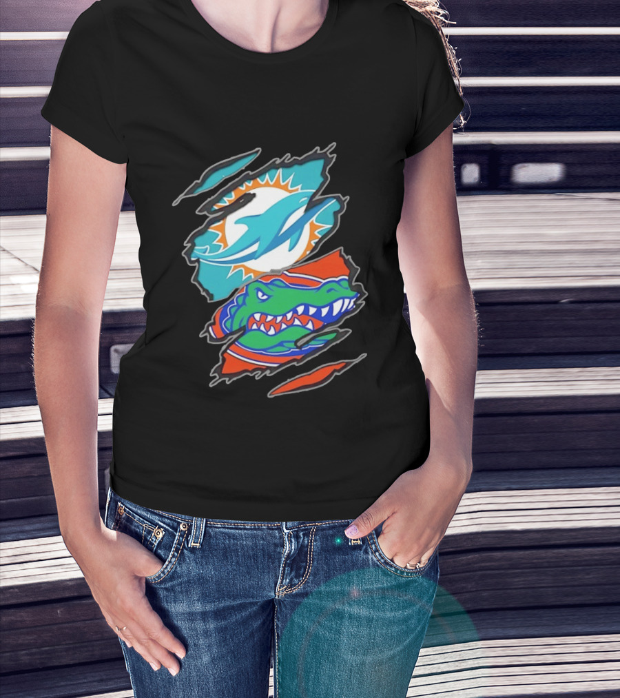 Miami Dolphins Florida Gators Two Teams One Heart Scratch T-Shirt
