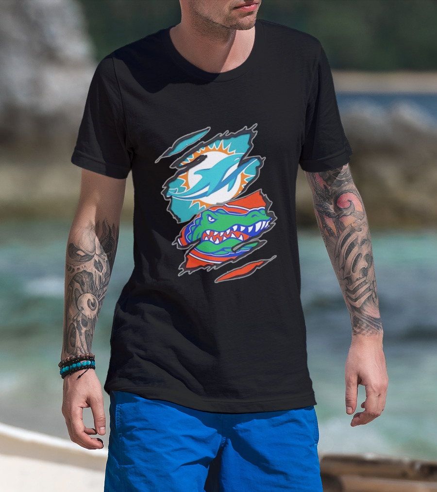 Miami Dolphins Florida Gators Two Teams One Heart Scratch T-Shirt