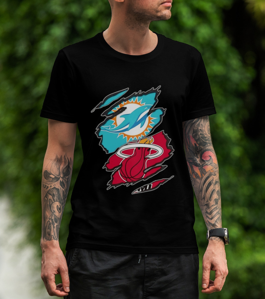 Miami Dolphins Miami Heat Two Teams One Heart Scratch T-Shirt