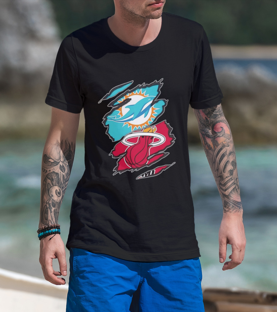 Miami Dolphins Miami Heat Two Teams One Heart Scratch T-Shirt