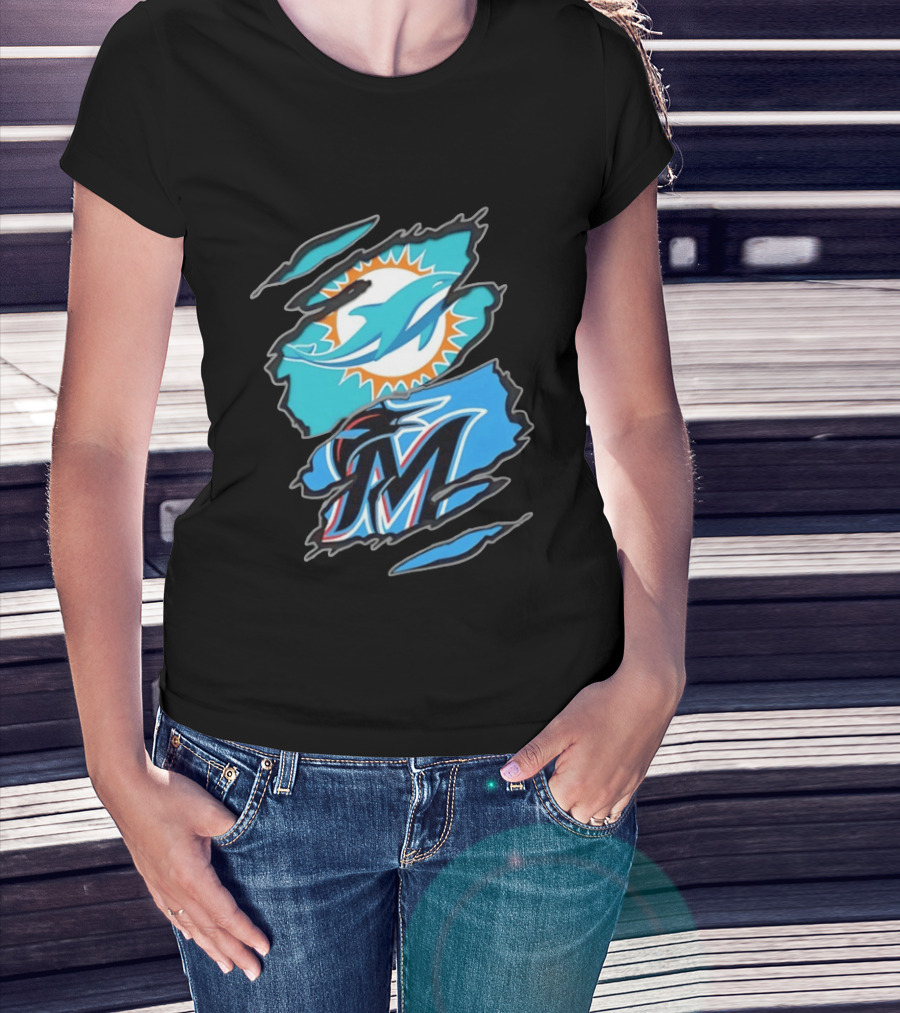 Miami Dolphins Miami Marlins Two Teams One Heart Scratch Marks T-Shirt