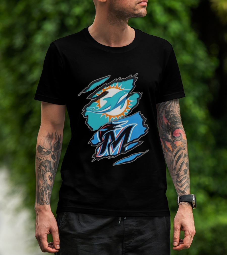 Miami Dolphins Miami Marlins Two Teams One Heart Scratch Marks T-Shirt