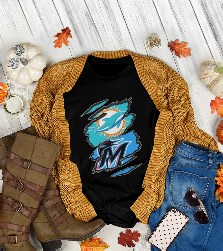 Miami Dolphins Miami Marlins Two Teams One Heart Scratch Marks T-Shirt