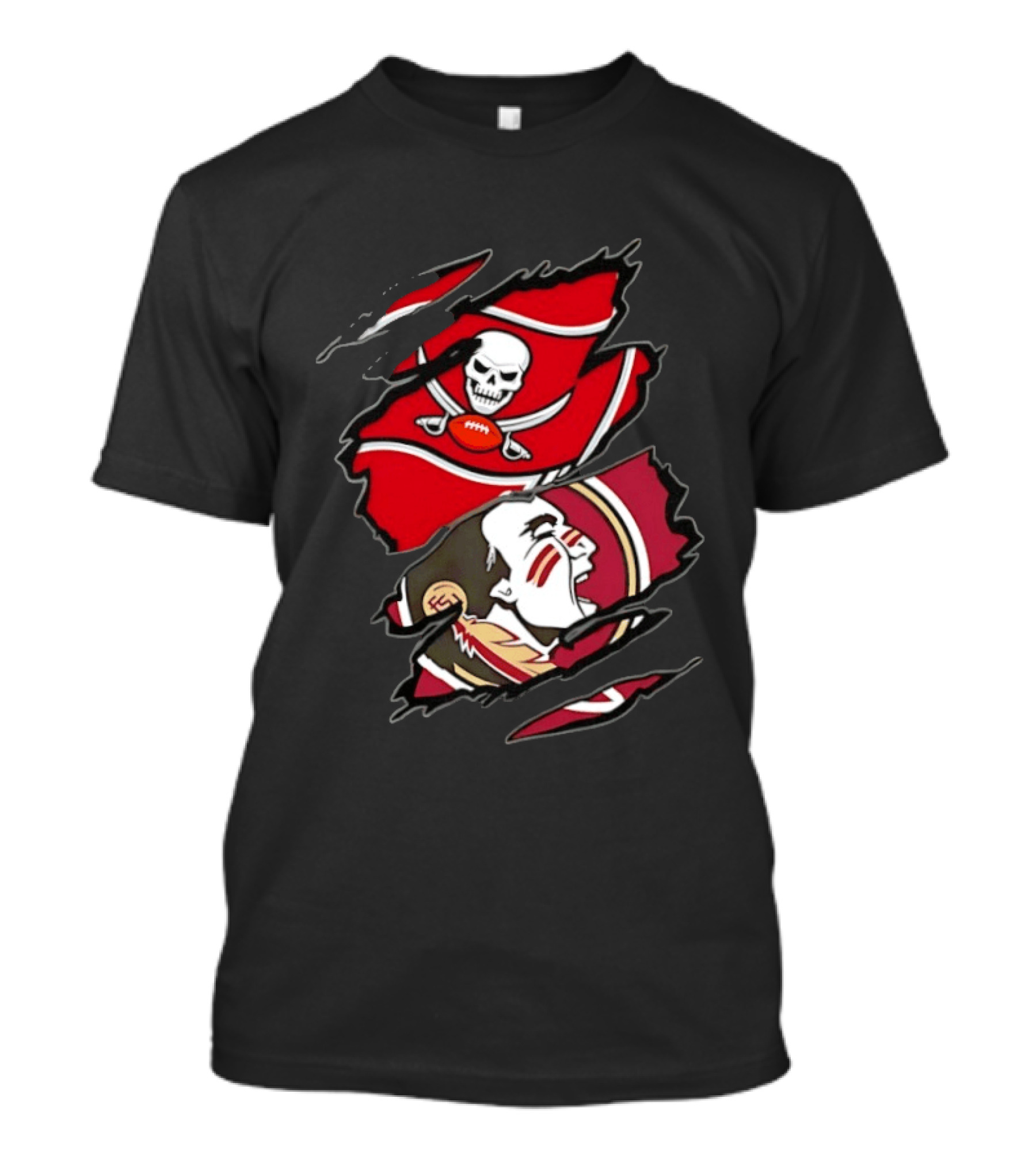 Tampa Bay Buccaneers And Florida State Seminoles Two Teams One Heart Scratch Skull Flag Warrior Face T-Shirt