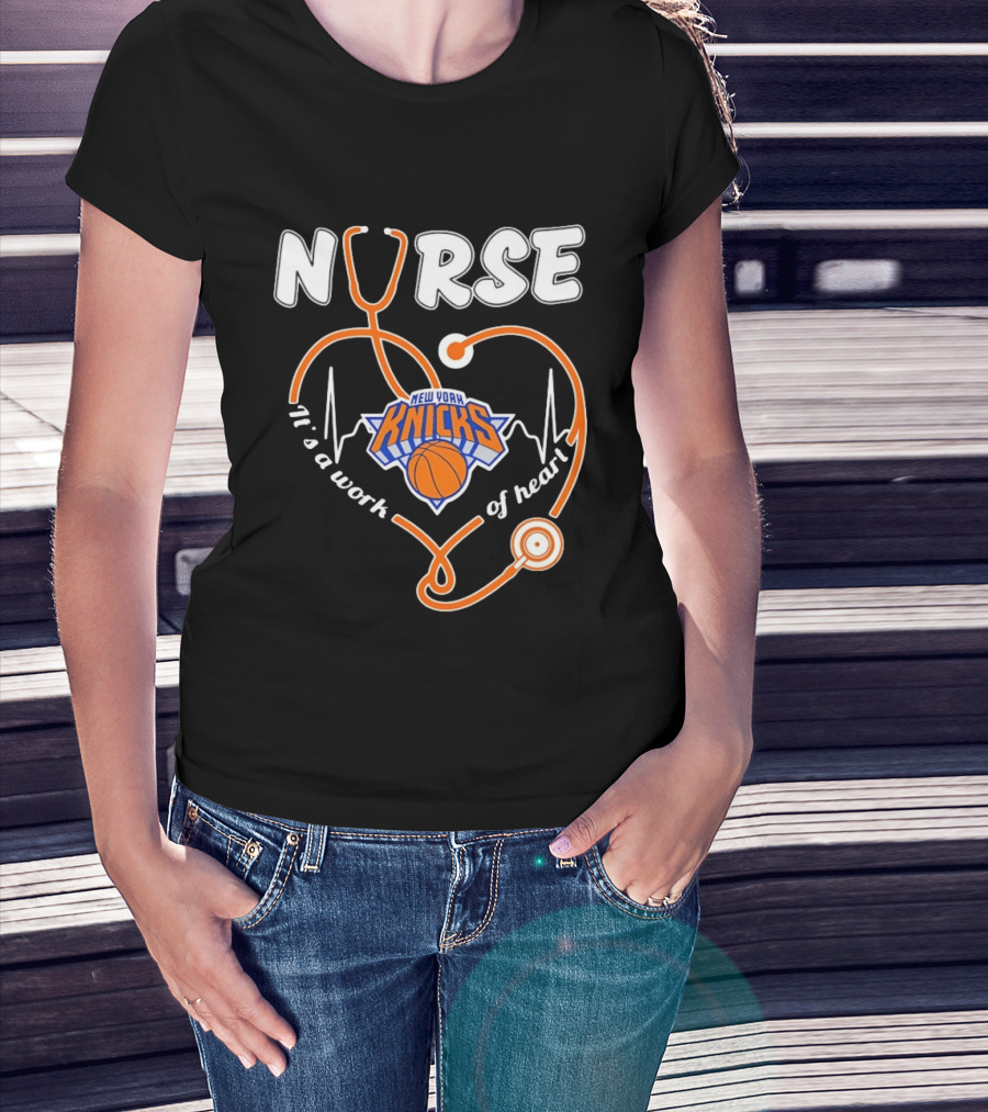 New York Knicks Nurse Stethoscope Heartbeat It's A Work Of Heart T-Shirt