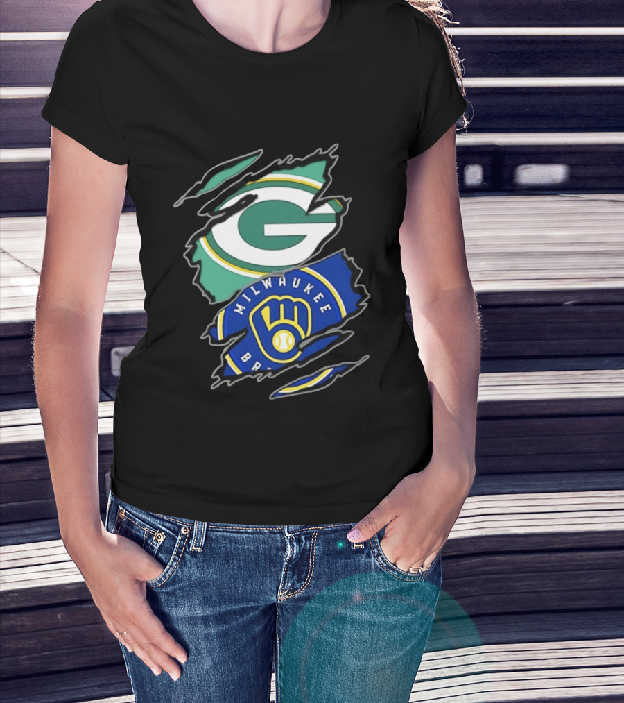 Green Bay Packers Milwaukee Brewers Two Teams One Heart Scratch T-Shirt