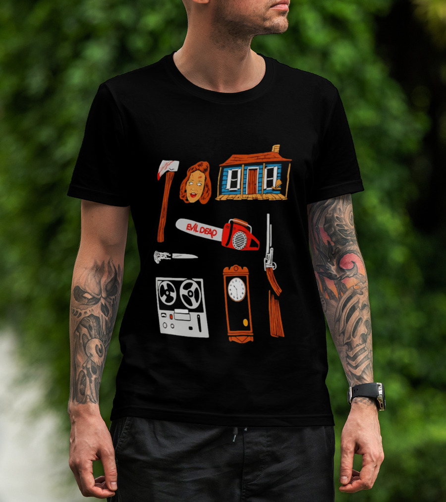 Evil Dead Horror Collage Chainsaw Cabin Axe Ash Williams T-Shirt