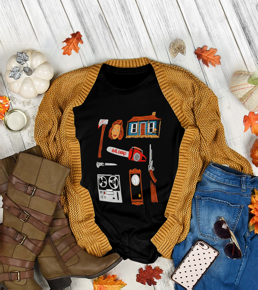 Evil Dead Horror Collage Chainsaw Cabin Axe Ash Williams T-Shirt
