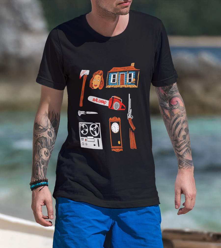 Evil Dead Horror Collage Chainsaw Cabin Axe Ash Williams T-Shirt