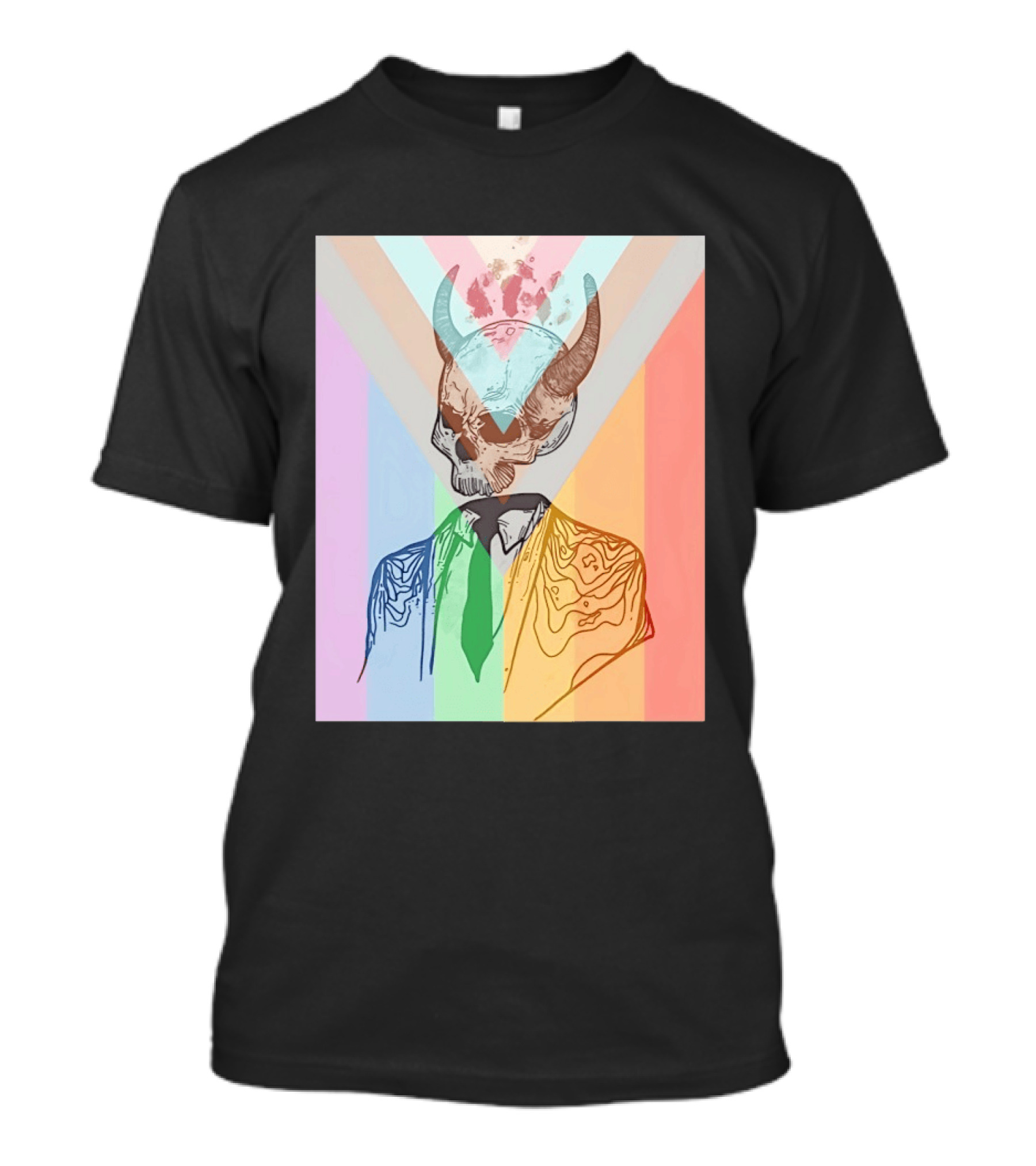 Horned Devil Skull Suit Pride Flag Surrealism Abstract Colorful T-Shirt