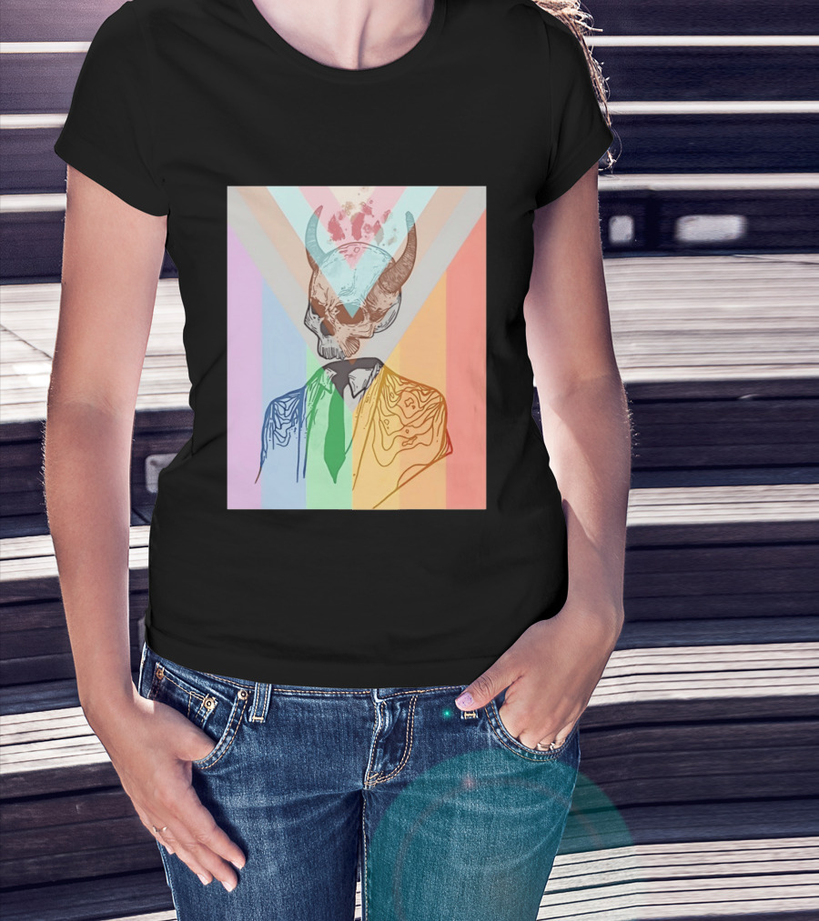 Horned Devil Skull Suit Pride Flag Surrealism Abstract Colorful T-Shirt