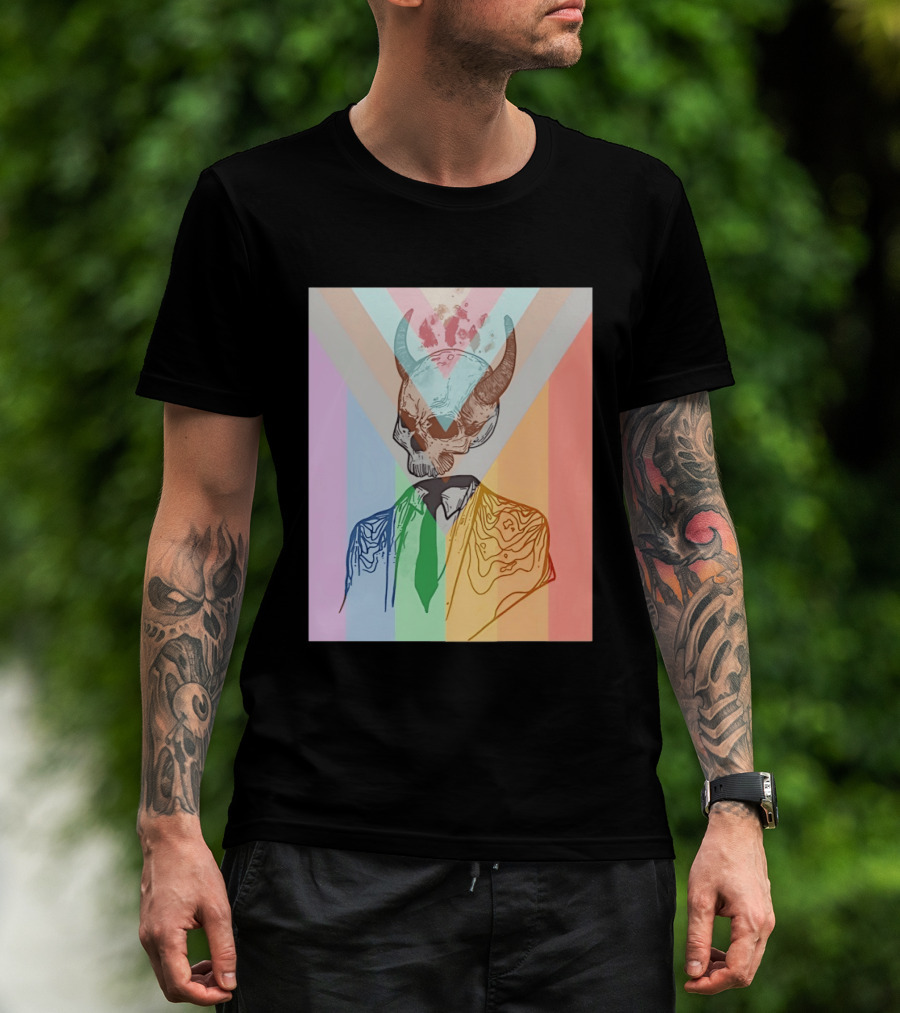 Horned Devil Skull Suit Pride Flag Surrealism Abstract Colorful T-Shirt