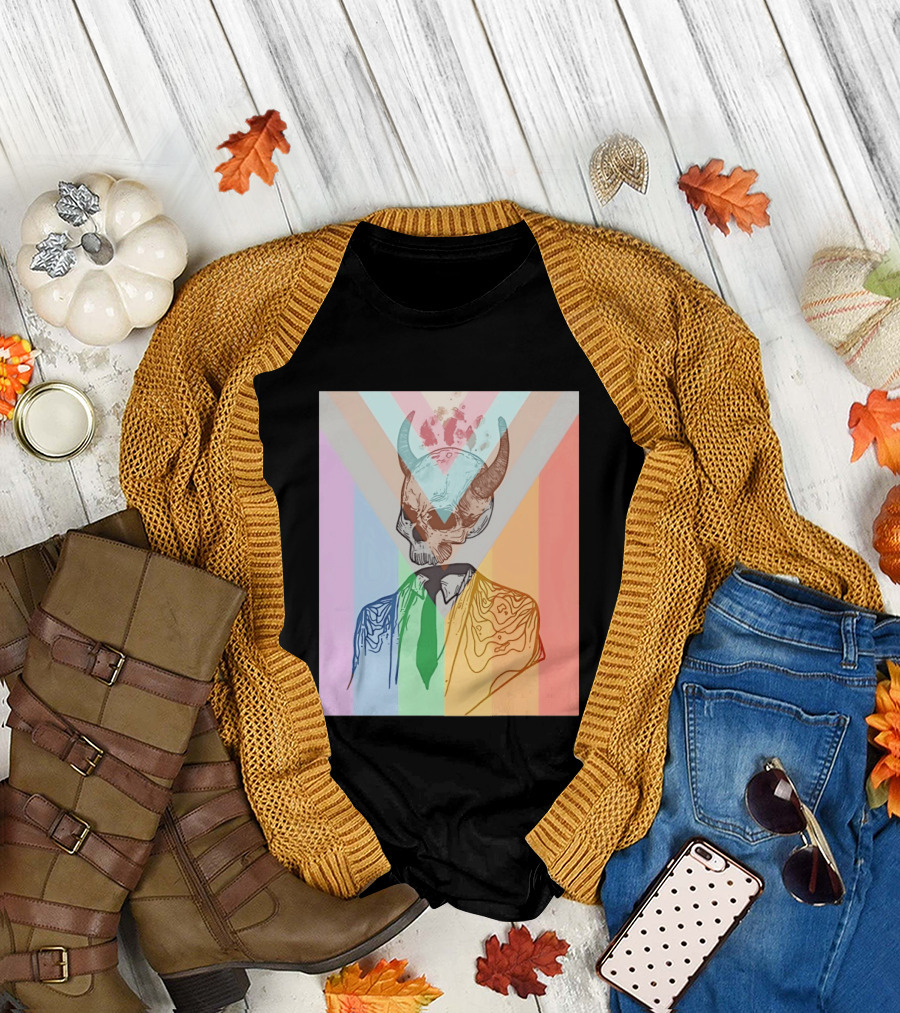 Horned Devil Skull Suit Pride Flag Surrealism Abstract Colorful T-Shirt