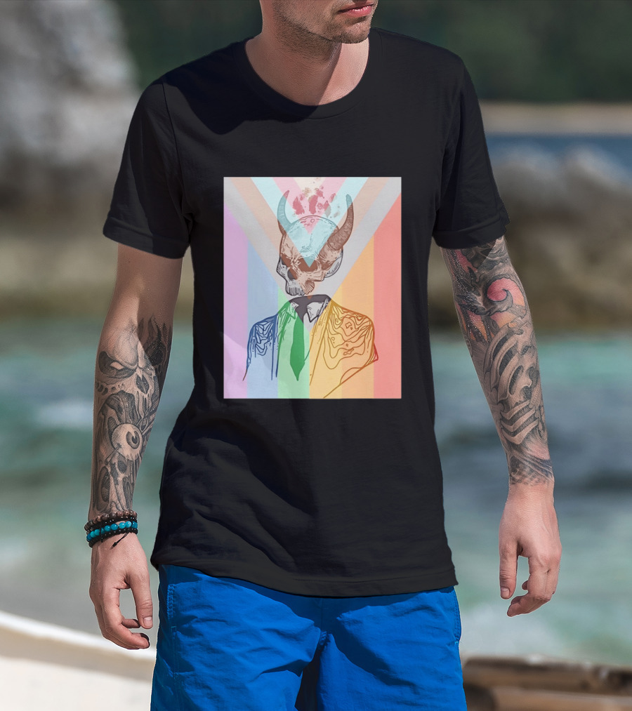 Horned Devil Skull Suit Pride Flag Surrealism Abstract Colorful T-Shirt