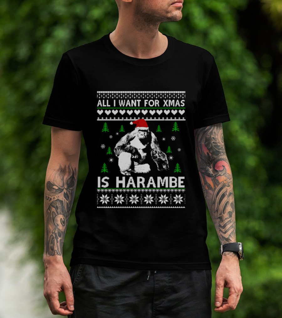 All I Want For Xmas Is Harambe Santa Hat Ugly Christmas T-Shirt