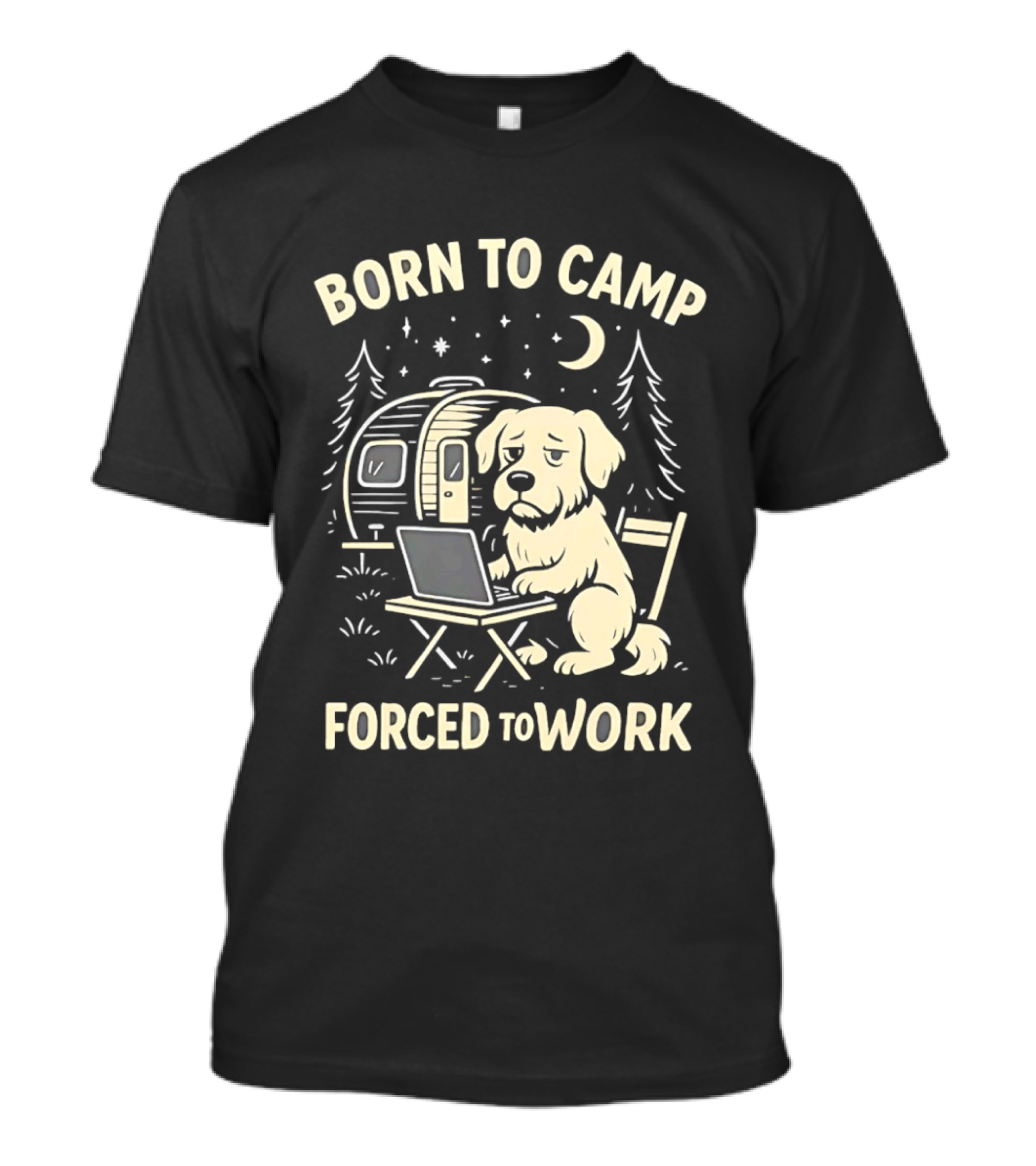 Born To Camp Forced To Work Cartoon Dog With Laptop And Camper Scene T-Shirt