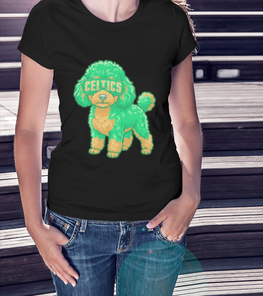 Boston Celtics Teacup Poodle Cartoon With Celtics Sunglasses T-Shirt
