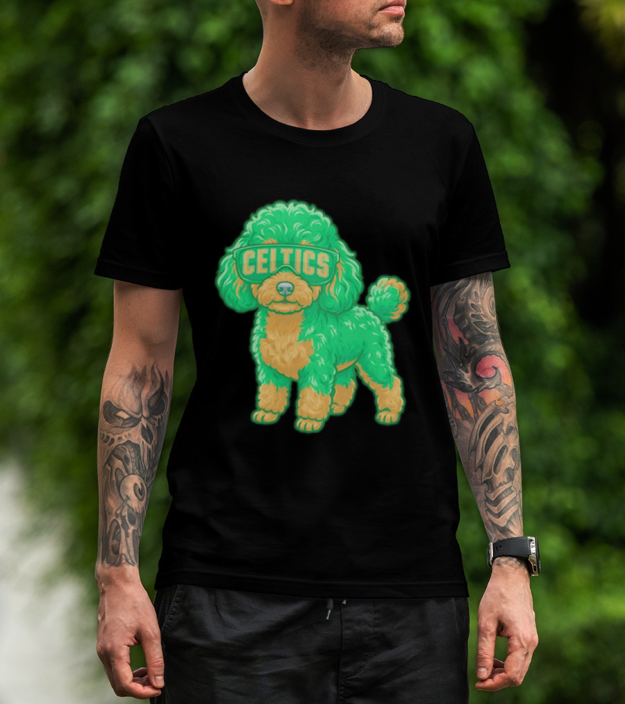 Boston Celtics Teacup Poodle Cartoon With Celtics Sunglasses T-Shirt