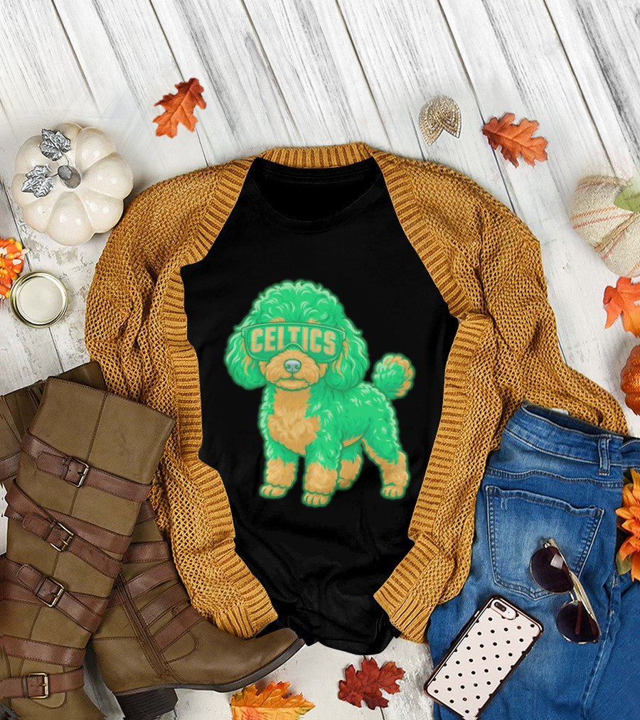 Boston Celtics Teacup Poodle Cartoon with Celtics Sunglasses T-Shirt