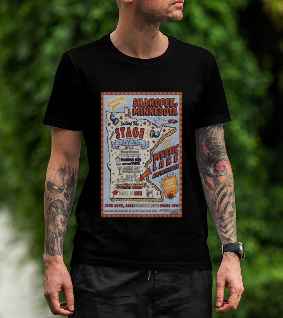 Greetings From Shakopee Minnesota Mystic Lake Amphitheater June 20 2026 Setting The Stage School Of Rock Band Event T-Shirt