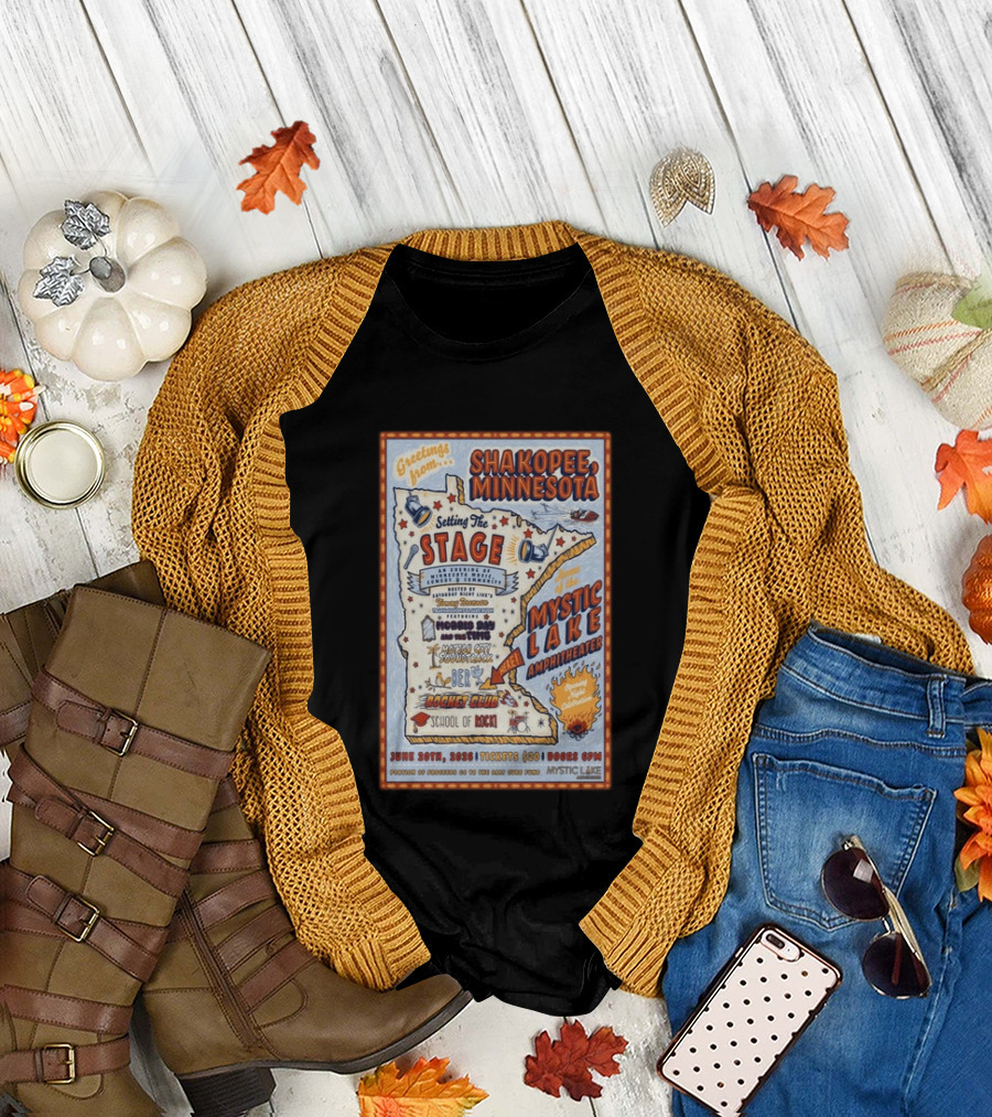 Greetings from Shakopee Minnesota Mystic Lake Amphitheater June 20 2026 Setting the Stage School of Rock Band Event T-Shirt