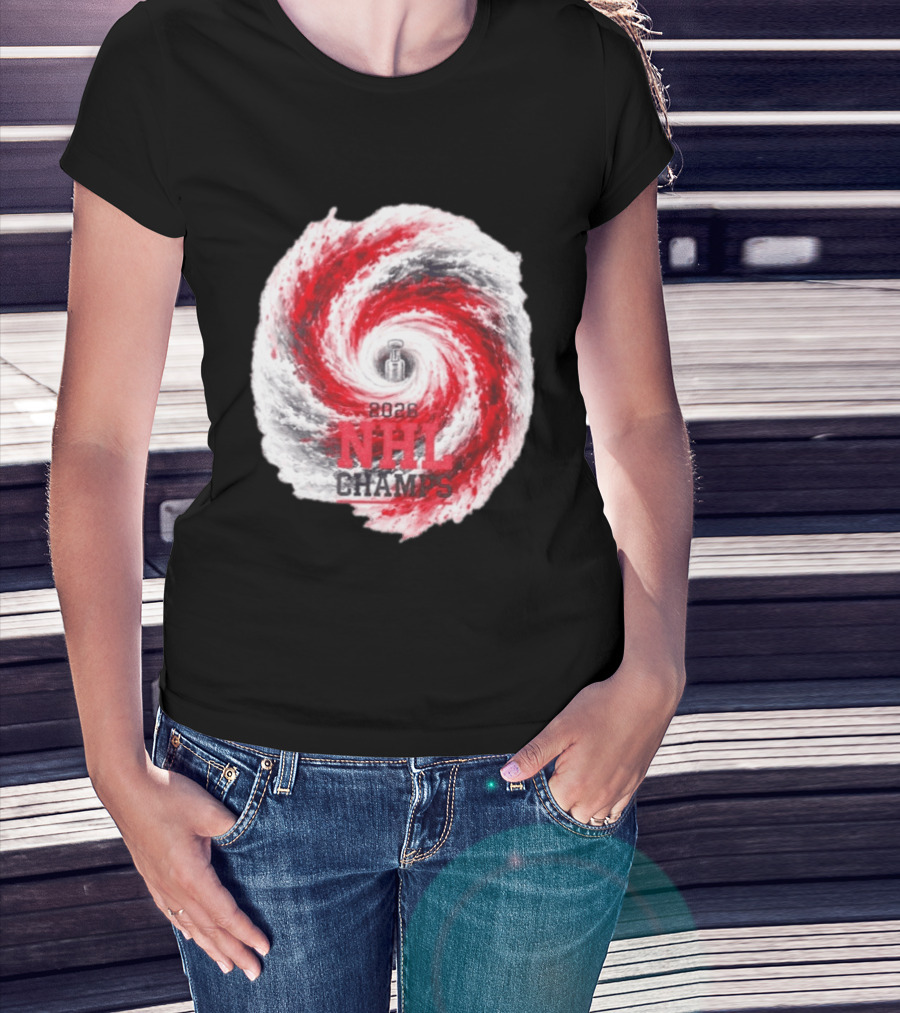 Carolina Hurricanes 2026 NHL Champs Storm With Hockey Trophy And Red Gray Swirl T-Shirt