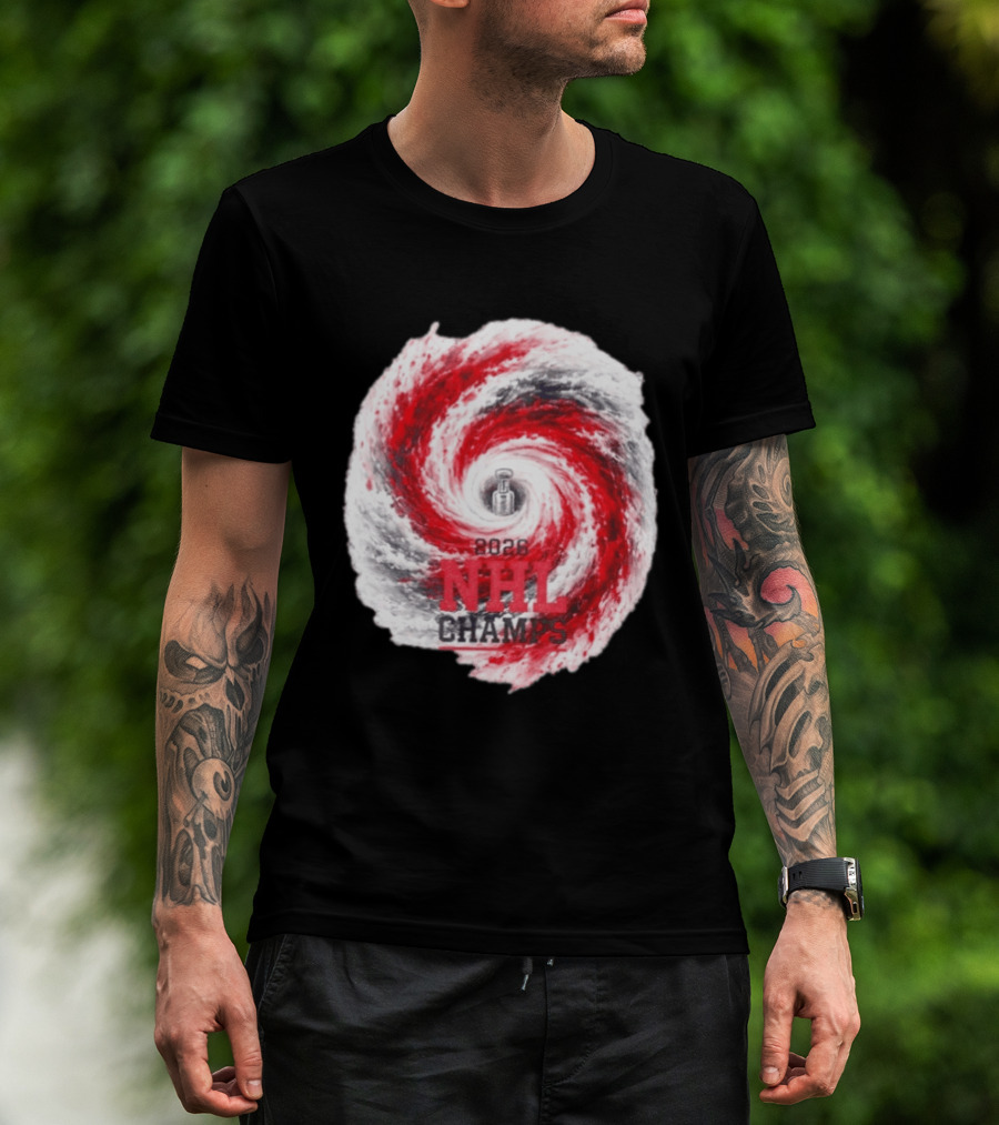 Carolina Hurricanes 2026 NHL Champs Storm With Hockey Trophy And Red Gray Swirl T-Shirt