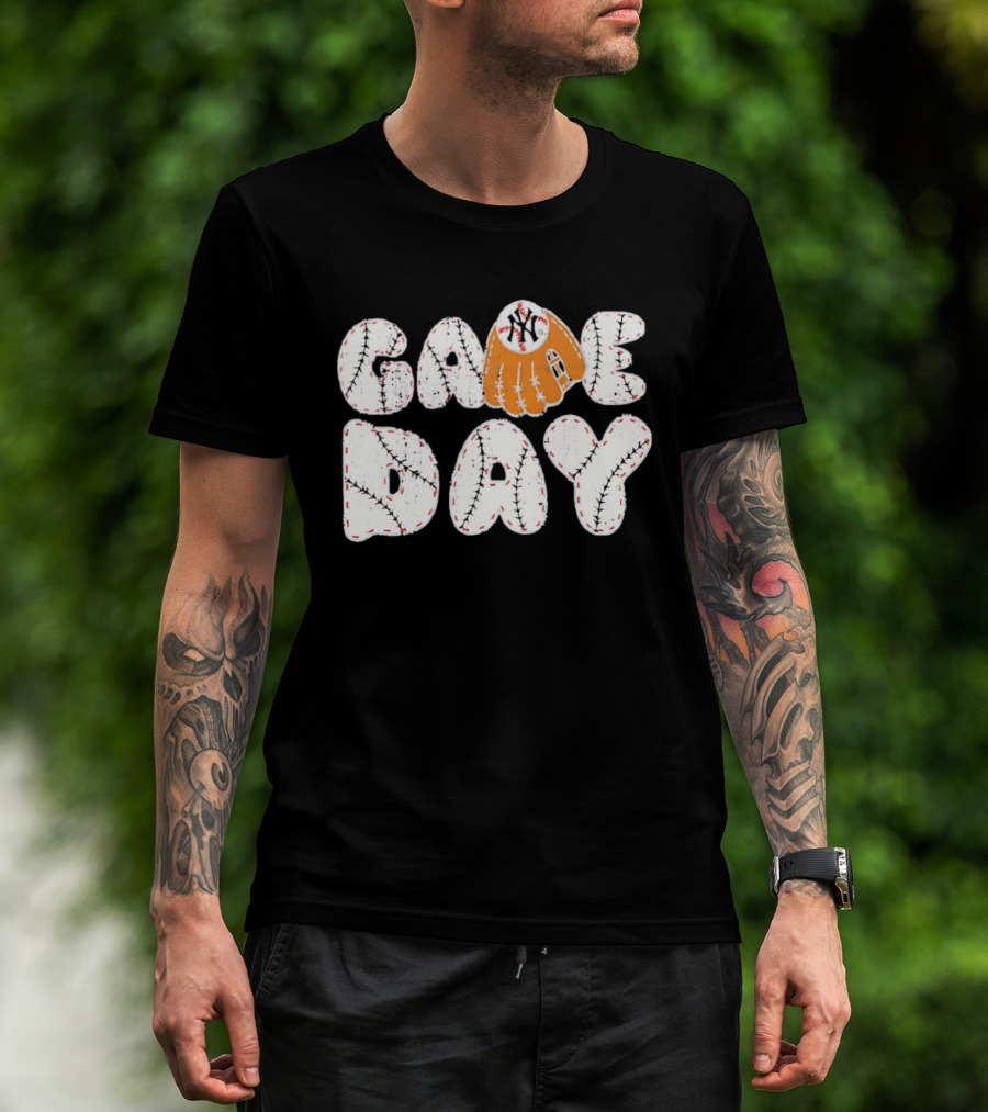 New York Yankees Game Day Baseball MLB NYY Glove And Ball Stitching T-Shirt