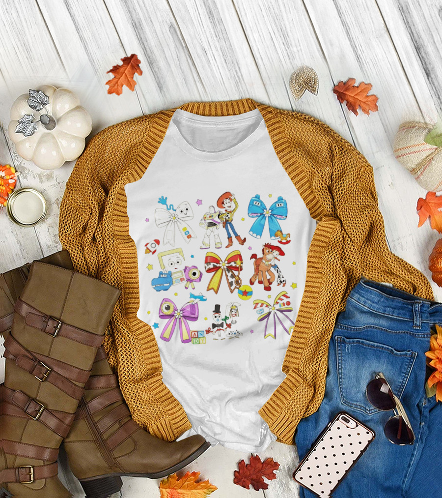 Woody Buzz Jessie Forky Andy Toy Story Characters with Colorful Bows T-Shirt