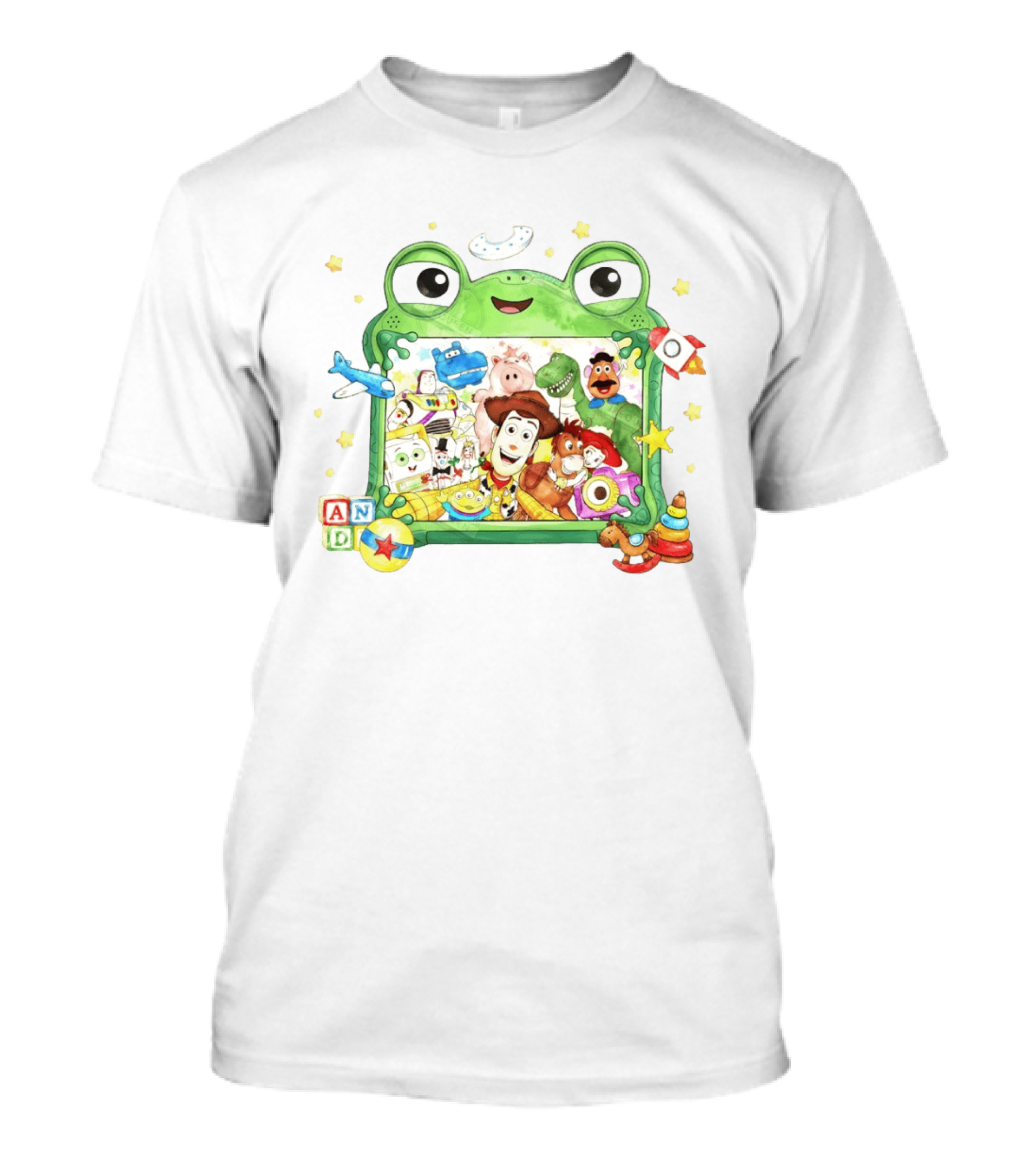 Woody And Buzz Lightyear Toy Story Characters Inside Frog Frame With Andy Blocks T-Shirt