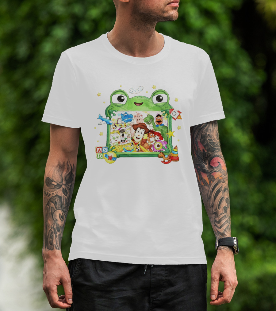 Woody And Buzz Lightyear Toy Story Characters Inside Frog Frame With Andy Blocks T-Shirt
