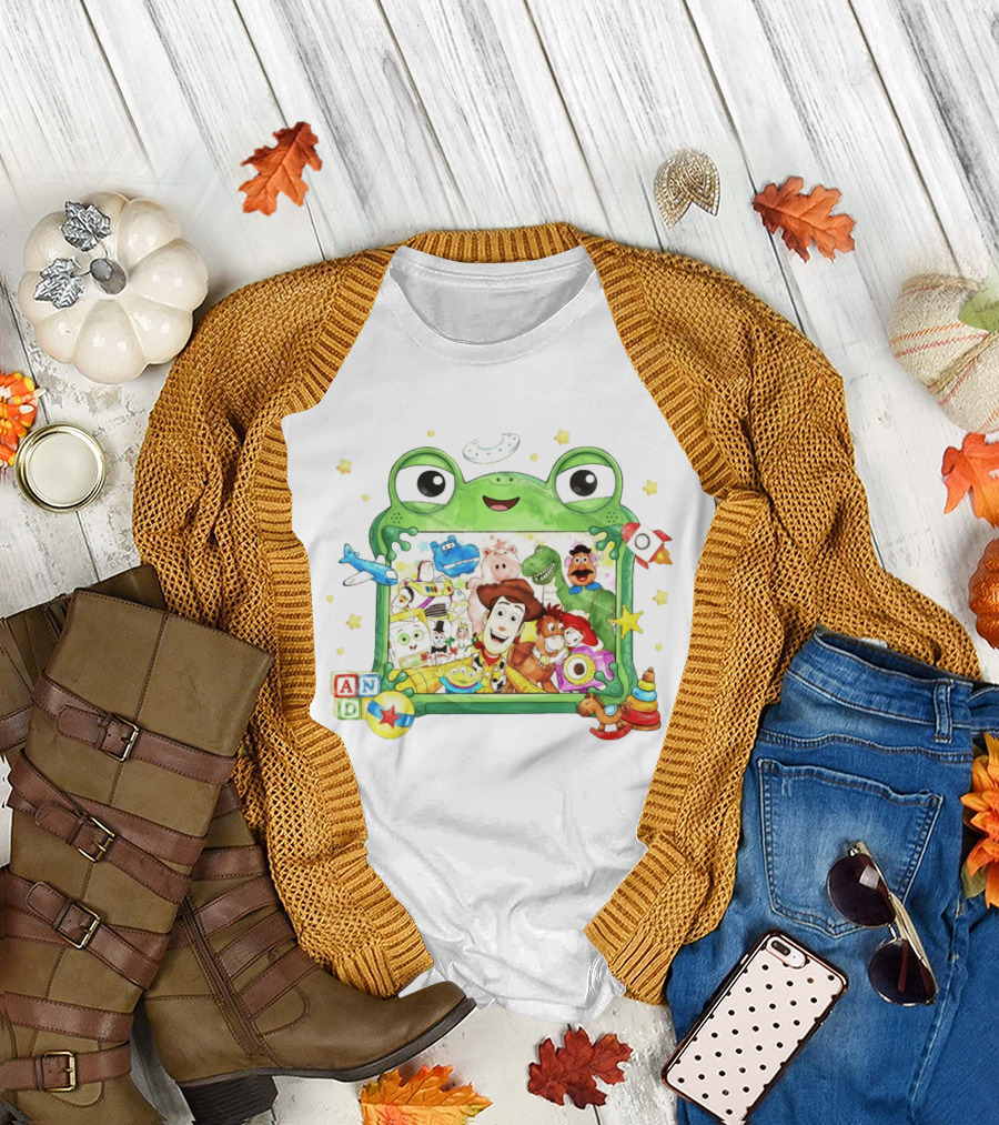 Woody and Buzz Lightyear Toy Story Characters Inside Frog Frame with Andy Blocks T-Shirt