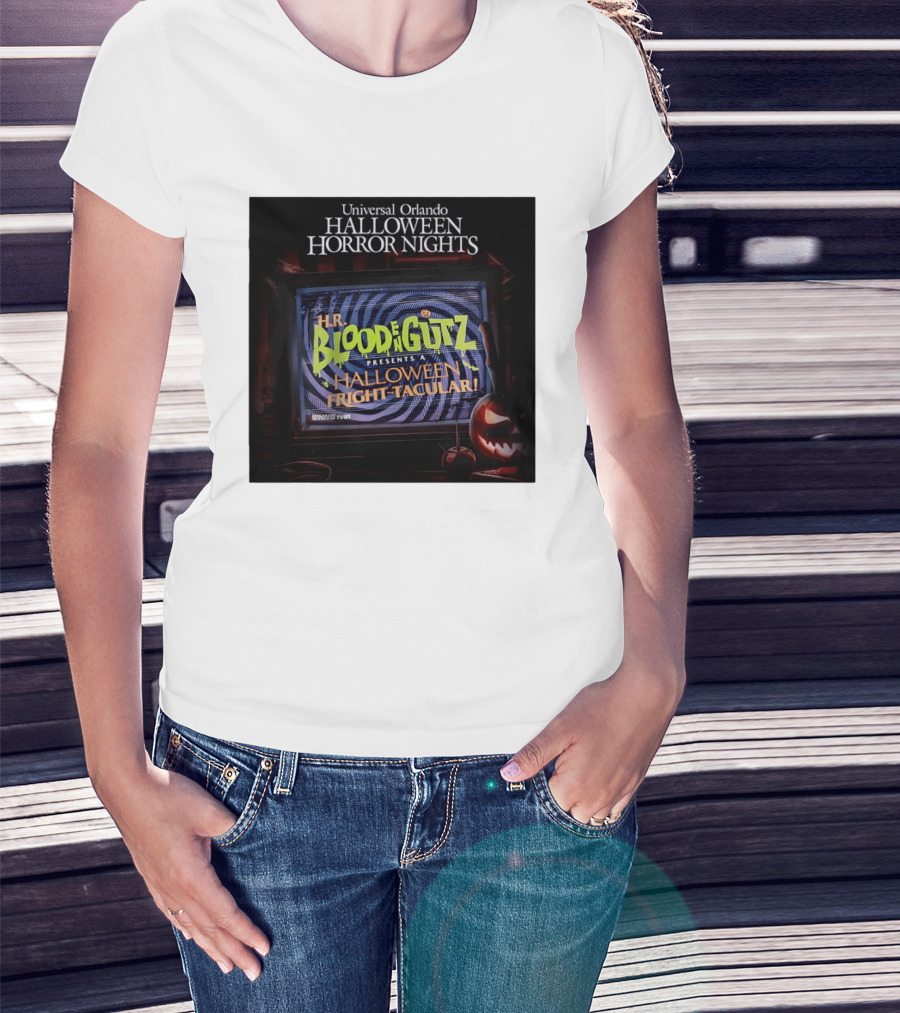Universal Orlando Halloween Horror Nights HR Blood N Gutz Presents A Halloween Fright Tacular TV Experience T-Shirt