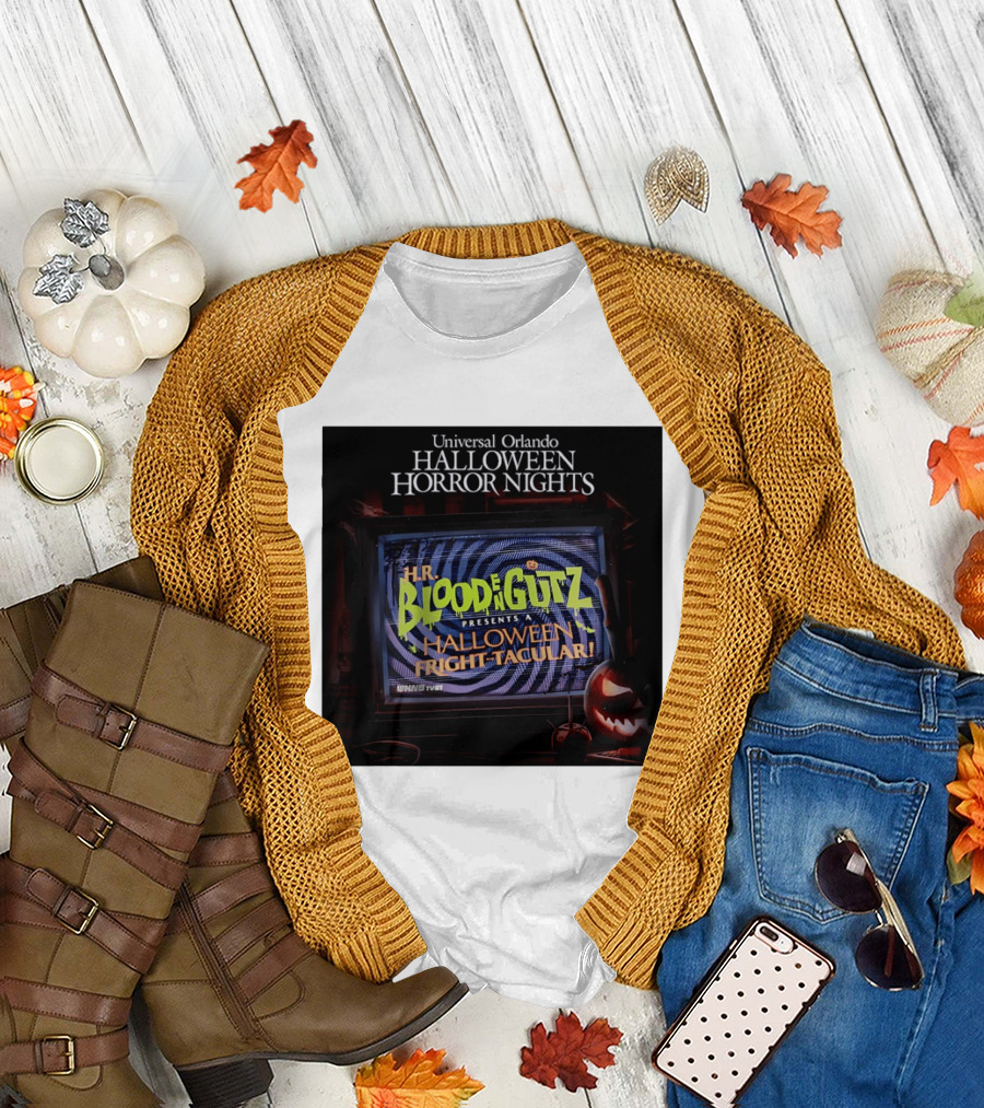 Universal Orlando Halloween Horror Nights HR Blood n Gutz Presents a Halloween Fright Tacular TV Experience T-Shirt
