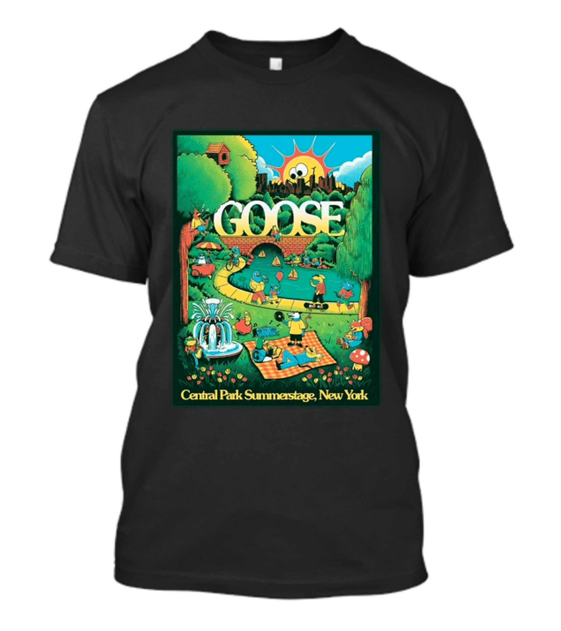 Goose Central Park Summerstage New York 2026 June 21 Lewy Jones Vibrant Park Scene With Sun And Fountain T-Shirt