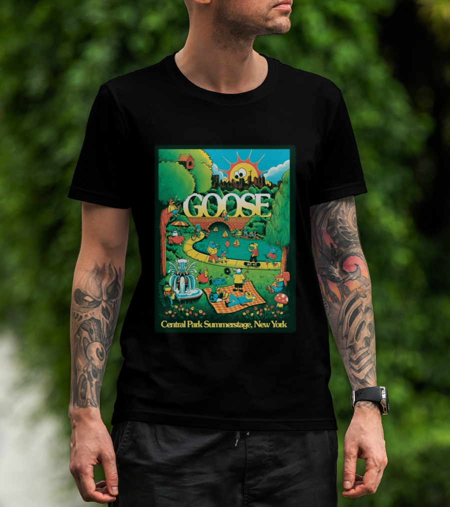 Goose Central Park Summerstage New York 2026 June 21 Lewy Jones Vibrant Park Scene With Sun And Fountain T-Shirt