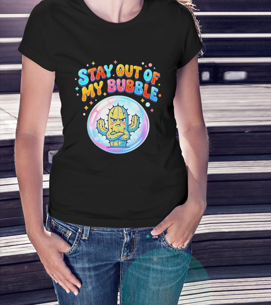Stay Out Of My Bubble Grumpy Cactus Cartoon T-Shirt