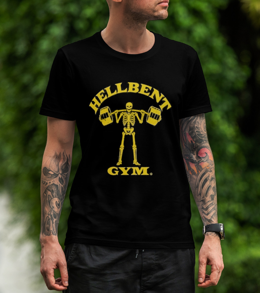 Hellbent Gym Skeleton Lifting Weights Yellow T-Shirt