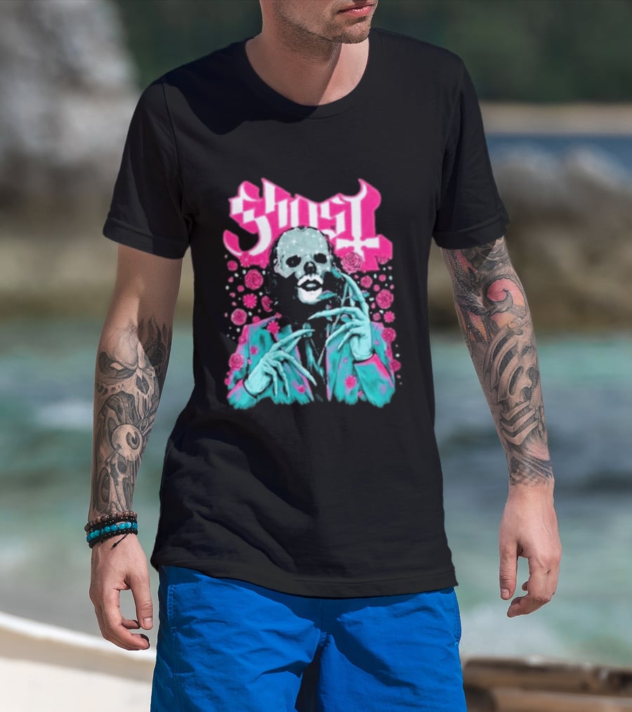 Ghost Band Summer 2026 Exclusive Floral Lachryma Pink Roses Skull T-Shirt