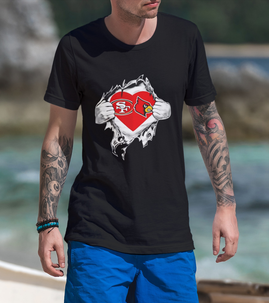 Louisville Cardinals San Francisco 49ers Heart Torn Edge Team Pride T-Shirt
