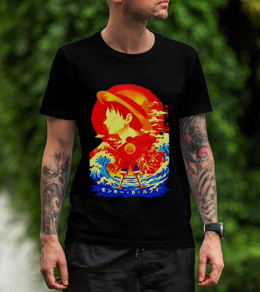 Monkey D. Luffy Straw Hat Waves Japanese Text One Piece Anime T-Shirt