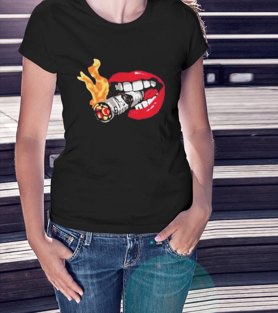 Flaming Smoking Money Lips Chenille T-Shirt