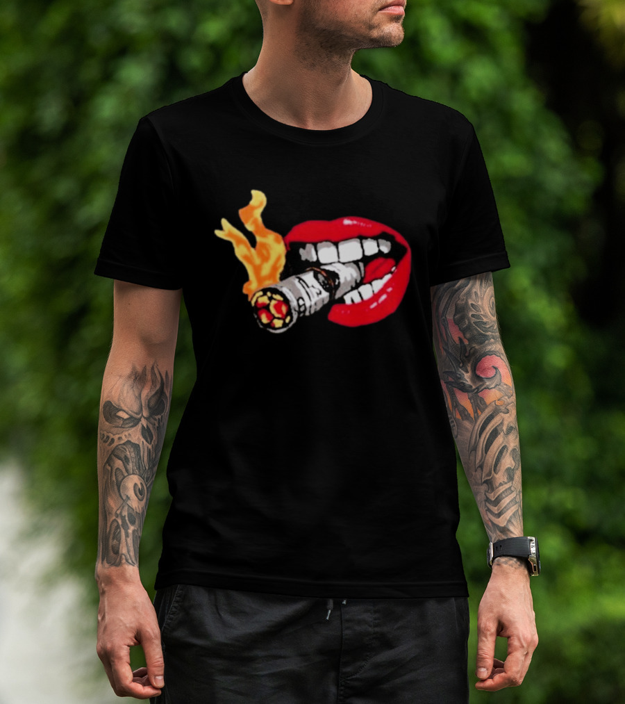 Flaming Smoking Money Lips Chenille T-Shirt