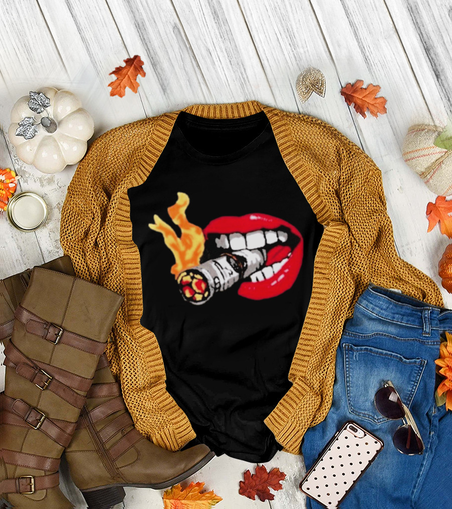 Flaming Smoking Money Lips Chenille T-Shirt