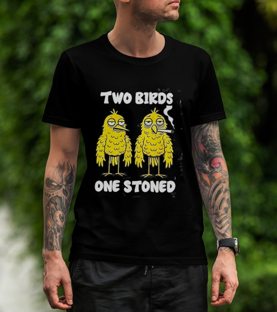 Two Birds One Stoned Smoking Cartoon Humor T-Shirt