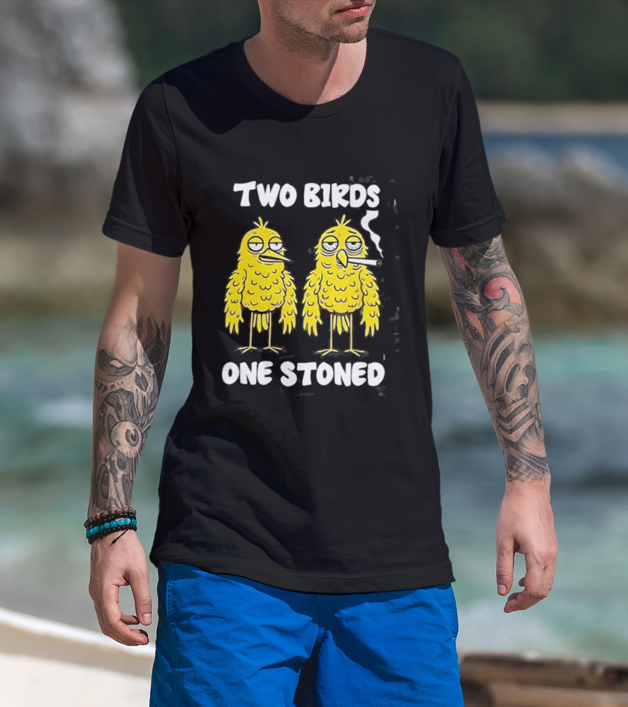 Two Birds One Stoned Smoking Cartoon Humor T-Shirt